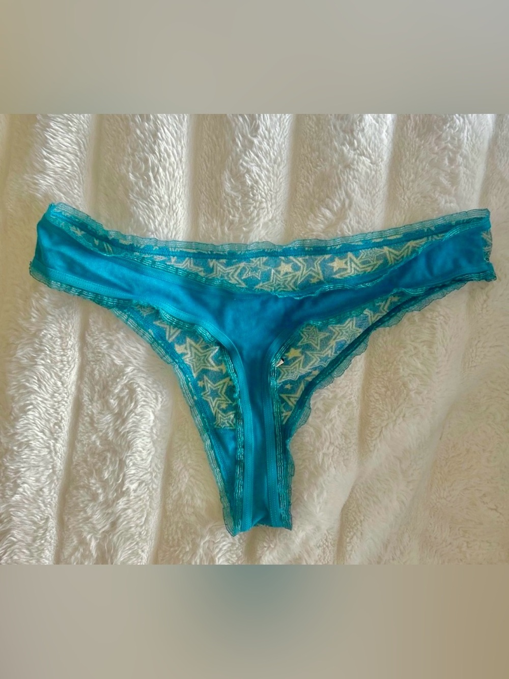 NWT Victoria's Secret Lacie Teal Shimmer Star Print lace trim thong panties XL - Picture 2 of 3